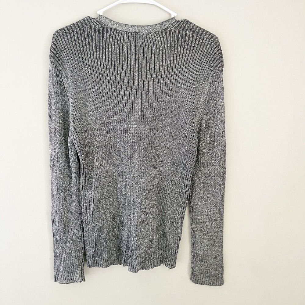 Mar Women Silver Metallic Cardigan Sweater Large Ribbed Knit Button Long Sleeve - Picture 3 of 8